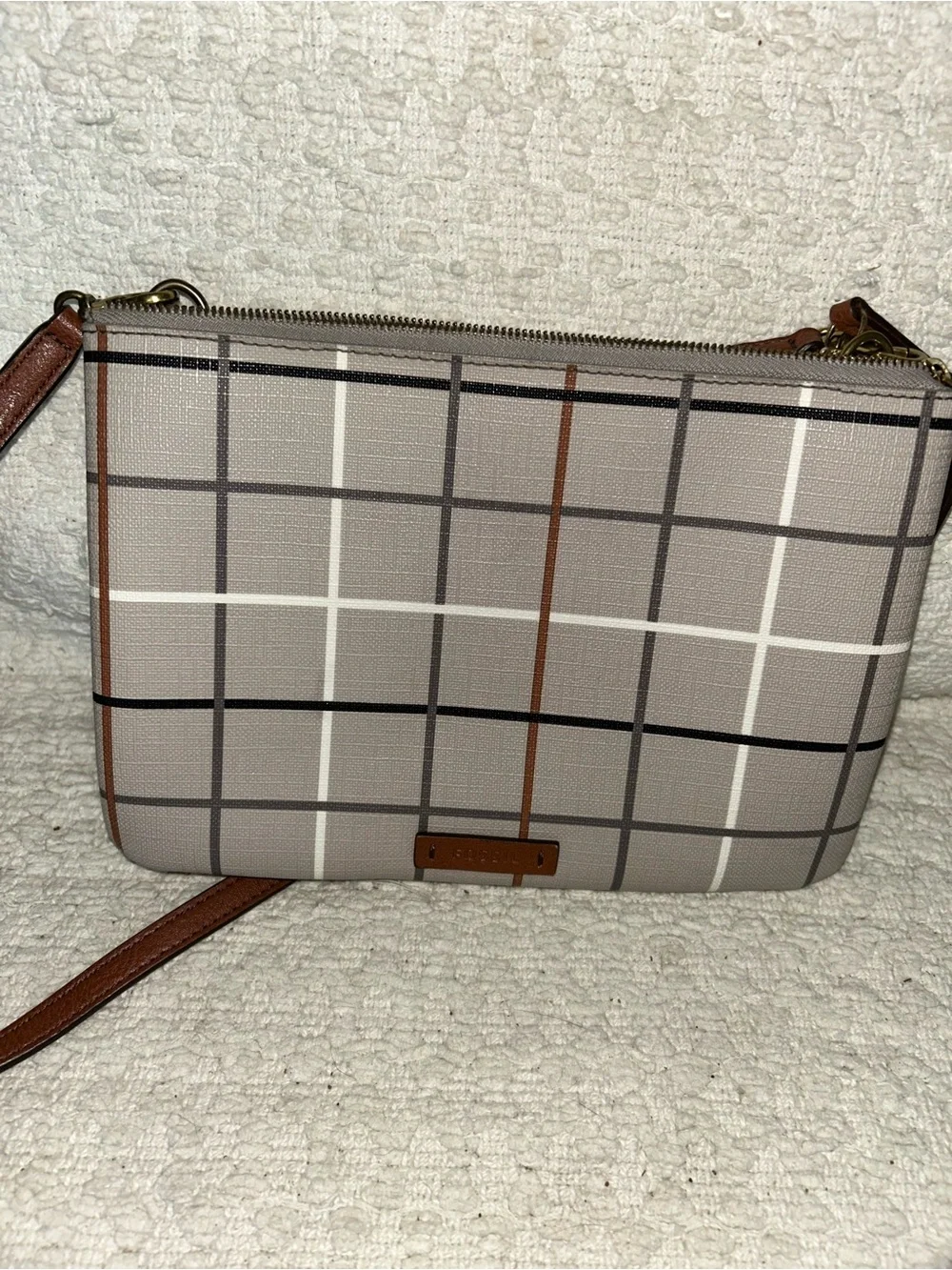 Fossil Crossbody shoulder bag purse brown with checker design plaid strap wallet